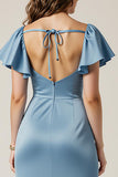 Dusty Blue Sheath Square Neck Maxi Dress With Slit