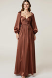 Coffee Sweetheart A-Line Maxi Wedding Guest Dress with Long Sleeves
