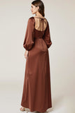 Coffee Sweetheart A-Line Maxi Wedding Guest Dress with Long Sleeves