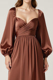 Coffee Sweetheart A-Line Maxi Wedding Guest Dress with Long Sleeves