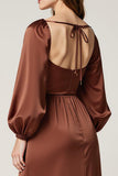 Coffee Sweetheart A-Line Maxi Wedding Guest Dress with Long Sleeves