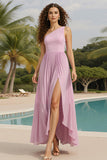 Light Pink One Shoulder A-Line Pleated Wedding Guest Dress With Slit