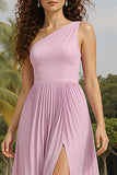 Light Pink One Shoulder A-Line Pleated Wedding Guest Dress With Slit
