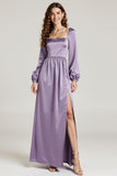Light Purple A-Line Square Neck Long Sleeve Wedding Guest Dress With Slit