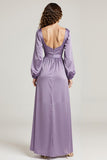 Light Purple A-Line Square Neck Long Sleeve Wedding Guest Dress With Slit
