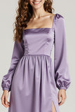 Light Purple A-Line Square Neck Long Sleeve Wedding Guest Dress With Slit