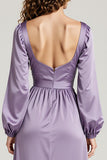 Light Purple A-Line Square Neck Long Sleeve Wedding Guest Dress With Slit