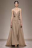 Coffee A-Line Spaghetti Straps Maxi Evening Dress with Sash