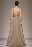 Coffee A-Line Spaghetti Straps Maxi Evening Dress with Sash