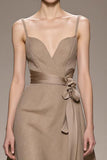 Coffee A-Line Spaghetti Straps Maxi Evening Dress with Sash