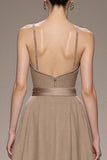 Coffee A-Line Spaghetti Straps Maxi Evening Dress with Sash