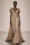 Coffee A-Line Backless Evening Dress with Puff Sleeves