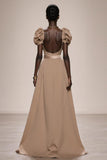 Coffee A-Line Backless Evening Dress with Puff Sleeves