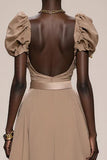 Coffee A-Line Backless Evening Dress with Puff Sleeves