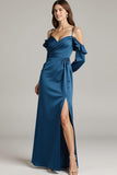 Dark Blue Cold Shoulder Satin Maxi Wedding Guest Dress With Slit