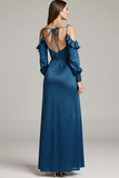 Dark Blue Cold Shoulder Satin Maxi Wedding Guest Dress With Slit
