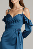 Dark Blue Cold Shoulder Satin Maxi Wedding Guest Dress With Slit