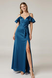Satin Cold Shoulder Dark Blue Wedding Guest Dress With Slit