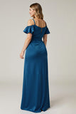 Satin Cold Shoulder Dark Blue Wedding Guest Dress With Slit