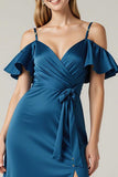 Satin Cold Shoulder Dark Blue Wedding Guest Dress With Slit