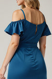 Satin Cold Shoulder Dark Blue Wedding Guest Dress With Slit