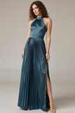 Dark Blue A-Line Halter Pleated Wedding Guest Dress With Slit