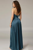 Dark Blue A-Line Halter Pleated Wedding Guest Dress With Slit