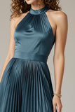 Dark Blue A-Line Halter Pleated Wedding Guest Dress With Slit