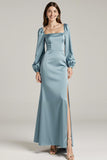 Light Blue Sheath Long Sleeve Formal Dress With Slit