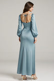 Light Blue Sheath Long Sleeve Formal Dress With Slit