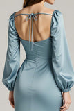 Light Blue Sheath Long Sleeve Formal Dress With Slit