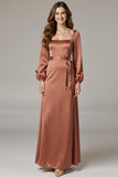 Maroon Sheath Long Sleeve Satin Formal Dress With Lace Up Back
