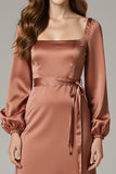 Maroon Sheath Long Sleeve Satin Formal Dress With Lace Up Back