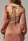 Maroon Sheath Long Sleeve Satin Formal Dress With Lace Up Back