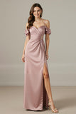 Light Pink Sheath Cold Shoulder Ruched Formal Dress With Slit