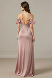 Light Pink Sheath Cold Shoulder Ruched Formal Dress With Slit