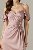Light Pink Sheath Cold Shoulder Ruched Formal Dress With Slit