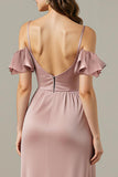 Light Pink Sheath Cold Shoulder Ruched Formal Dress With Slit