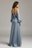 Steel Grey Cold Shoulder Satin Maxi Dress With Slit