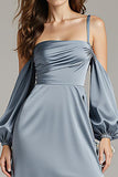 Steel Grey Cold Shoulder Satin Maxi Dress With Slit