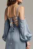 Steel Grey Cold Shoulder Satin Maxi Dress With Slit