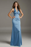 Sky Blue Halter Sheath Satin Bridesmaid Dress