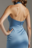 Sky Blue Halter Sheath Satin Bridesmaid Dress