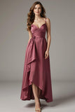 Burgundy Spaghetti Straps High-Low A-Line Wedding Guest Dress