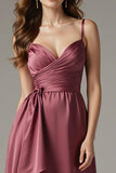 Burgundy Spaghetti Straps High-Low A-Line Wedding Guest Dress