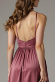 Burgundy Spaghetti Straps High-Low A-Line Wedding Guest Dress