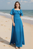 Royal Blue A-Line Square Neck Maxi Wedding Guest Dress