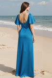 Royal Blue A-Line Square Neck Maxi Wedding Guest Dress