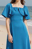 Royal Blue A-Line Square Neck Maxi Wedding Guest Dress