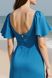 Royal Blue A-Line Square Neck Maxi Wedding Guest Dress